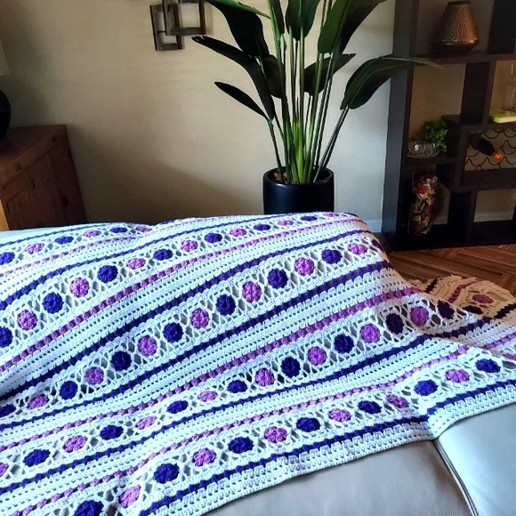 Hand Crocheted Blanket: Purple on White background:Size 105" x 68" approx - Picture 11 of 11